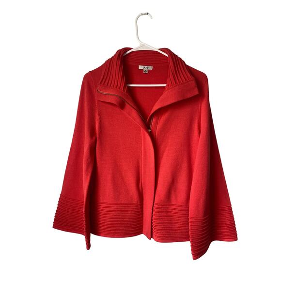 Cache Red Coral Ribbed Jacket M Wool Blend Zip Mod Retro Career Bold Minimalist - Picture 1 of 7